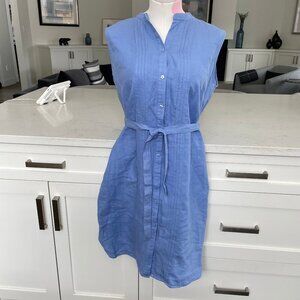 L.L.Bean 100% Linen Button Down Pleated Belted Dress Cornflower Blue Sz 10 NWOT